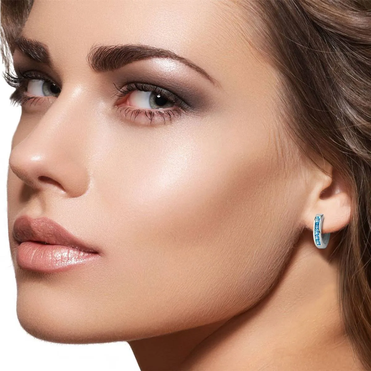 1.2 Carat 14K Solid White Gold Oval Huggie Earrings Blue Topaz