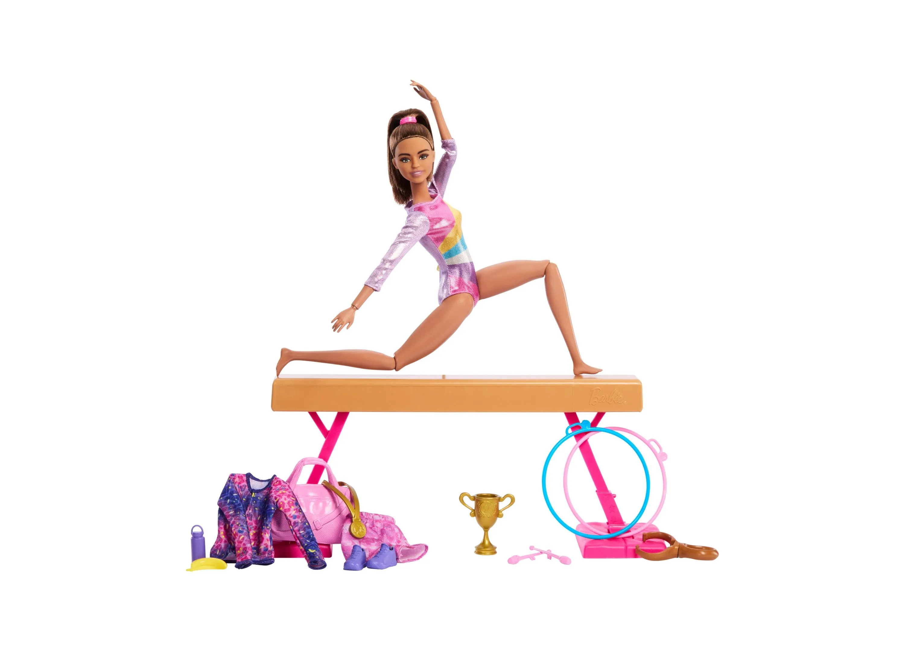Barbie Gymnastics Play Set with Brunette Fashion Doll, Balance Beam, 10 Plus Accessories and Flip Feature