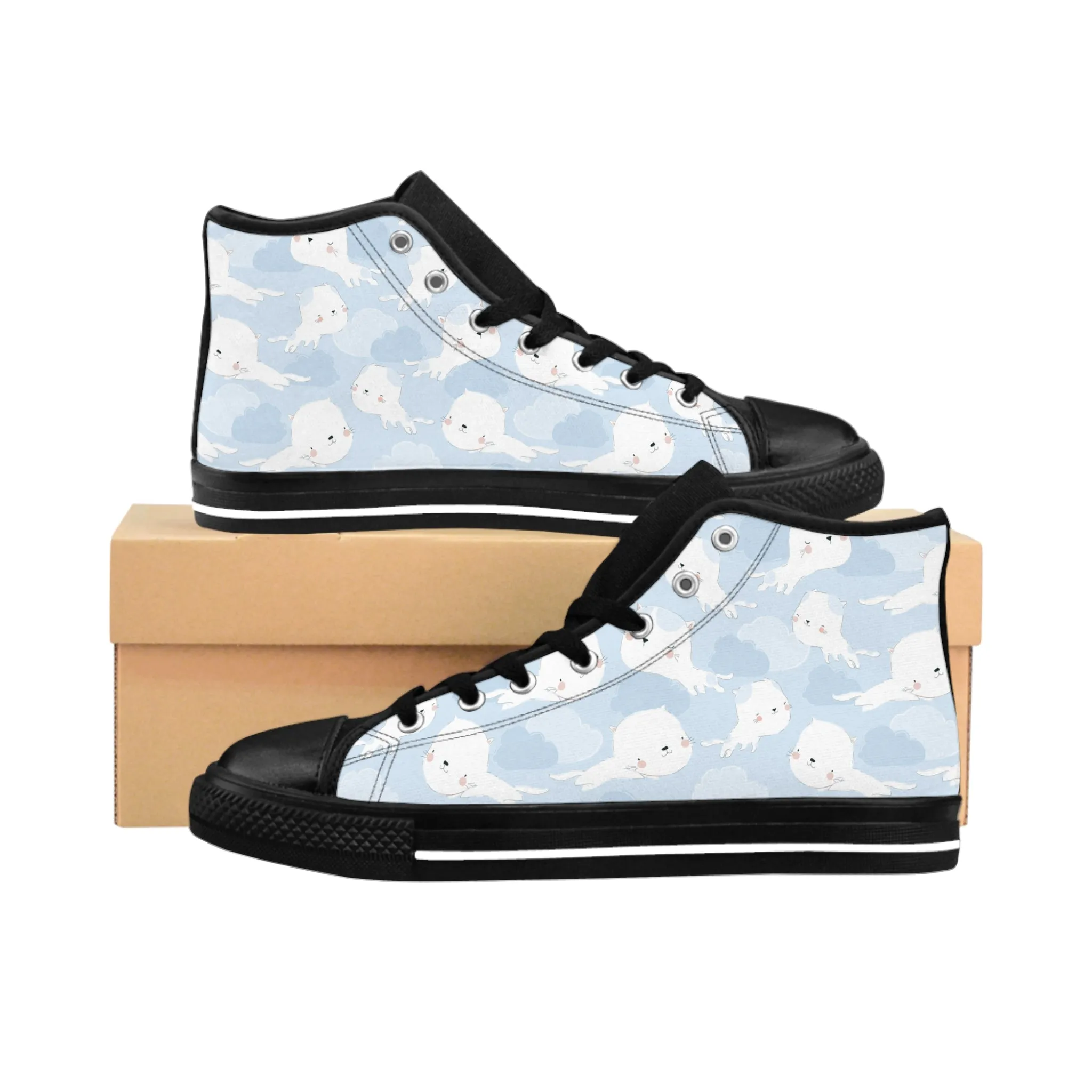 Cute White Cat Flying in the Sky Women's Classic Sneakers