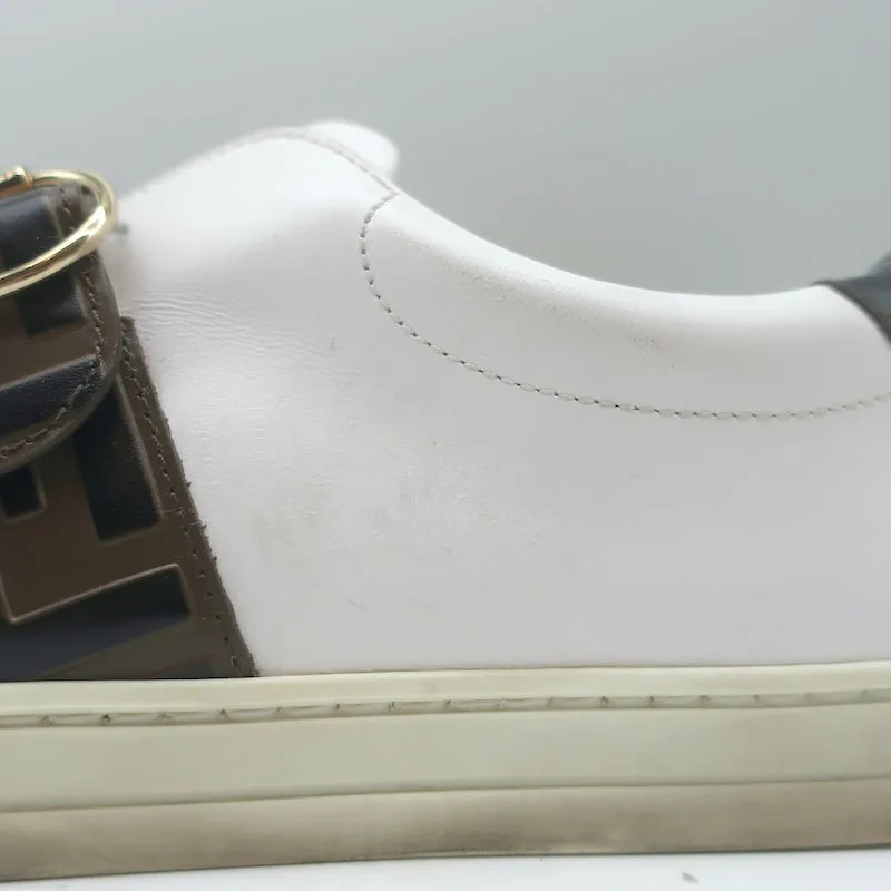 Fendi FF Logo Strap Low Top Sneakers White Leather Size 40