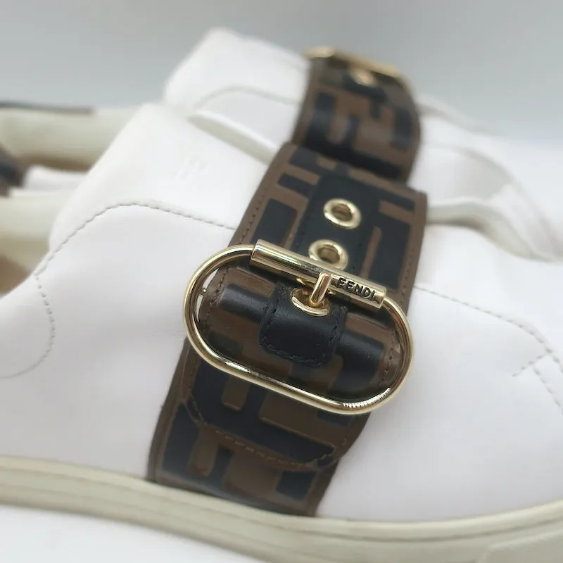Fendi FF Logo Strap Low Top Sneakers White Leather Size 40