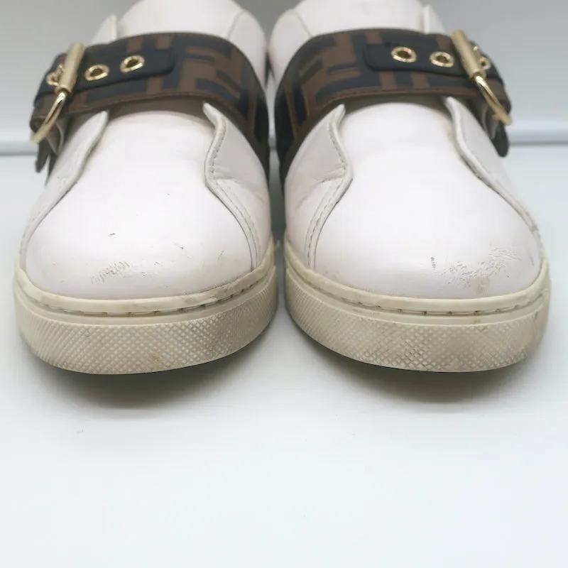 Fendi FF Logo Strap Low Top Sneakers White Leather Size 40