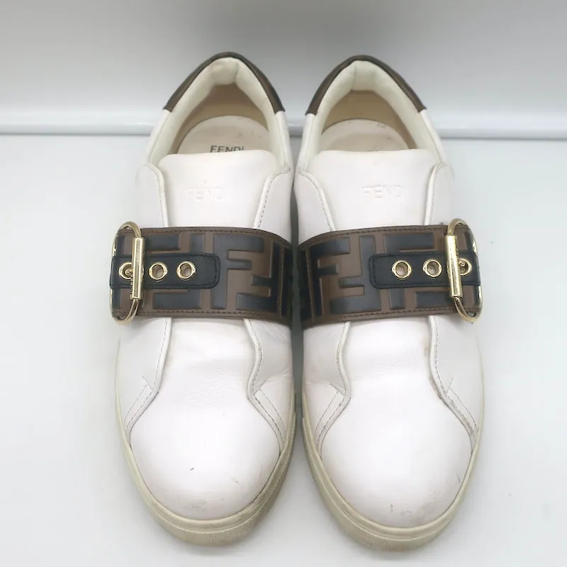 Fendi FF Logo Strap Low Top Sneakers White Leather Size 40
