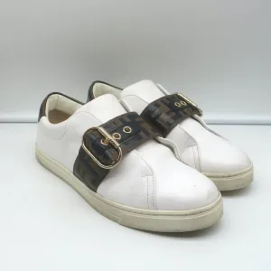 Fendi FF Logo Strap Low Top Sneakers White Leather Size 40