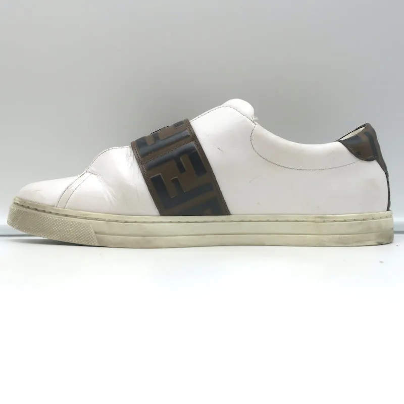 Fendi FF Logo Strap Low Top Sneakers White Leather Size 40