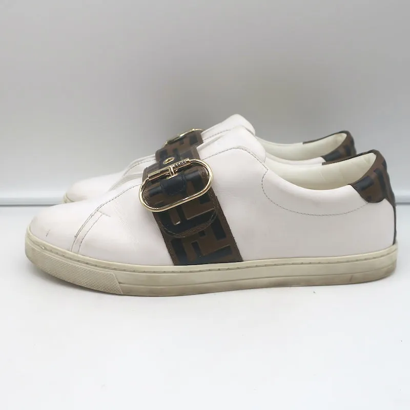 Fendi FF Logo Strap Low Top Sneakers White Leather Size 40