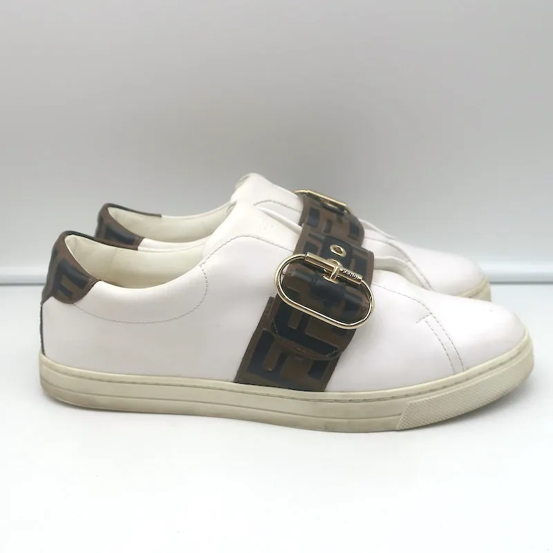 Fendi FF Logo Strap Low Top Sneakers White Leather Size 40