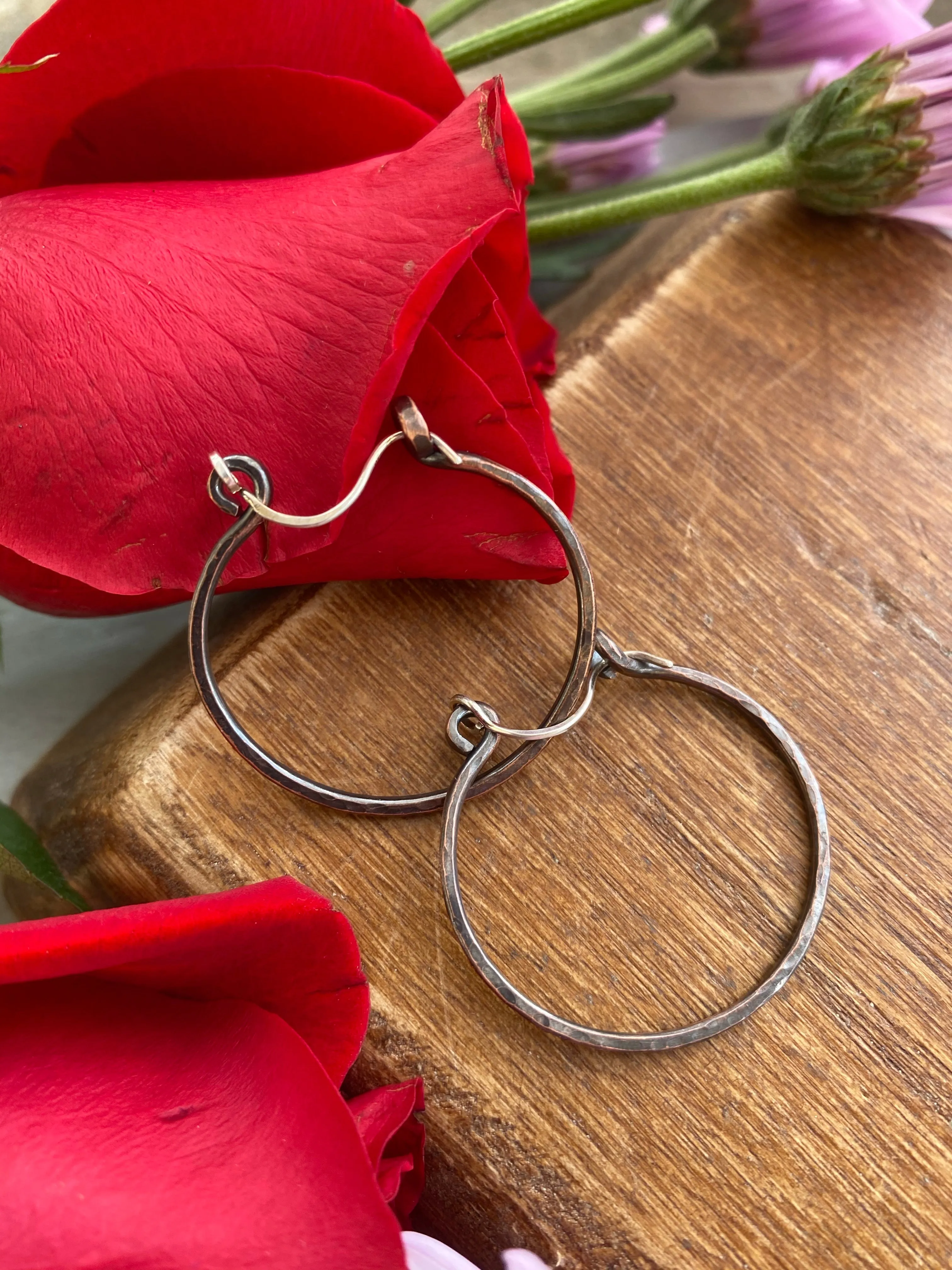 Handmade hammered, copper metal hoops, medium size, earrings
