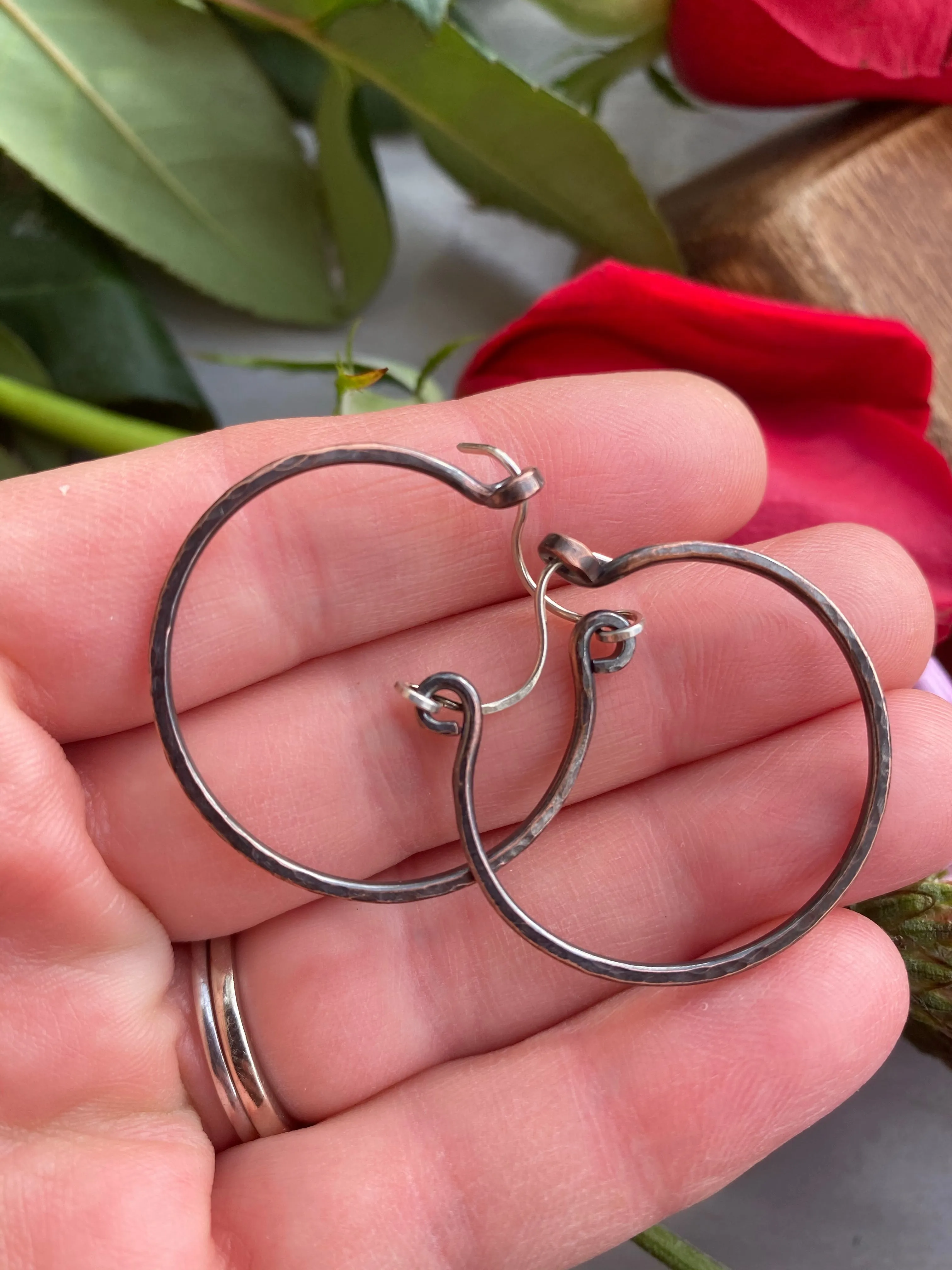 Handmade hammered, copper metal hoops, medium size, earrings