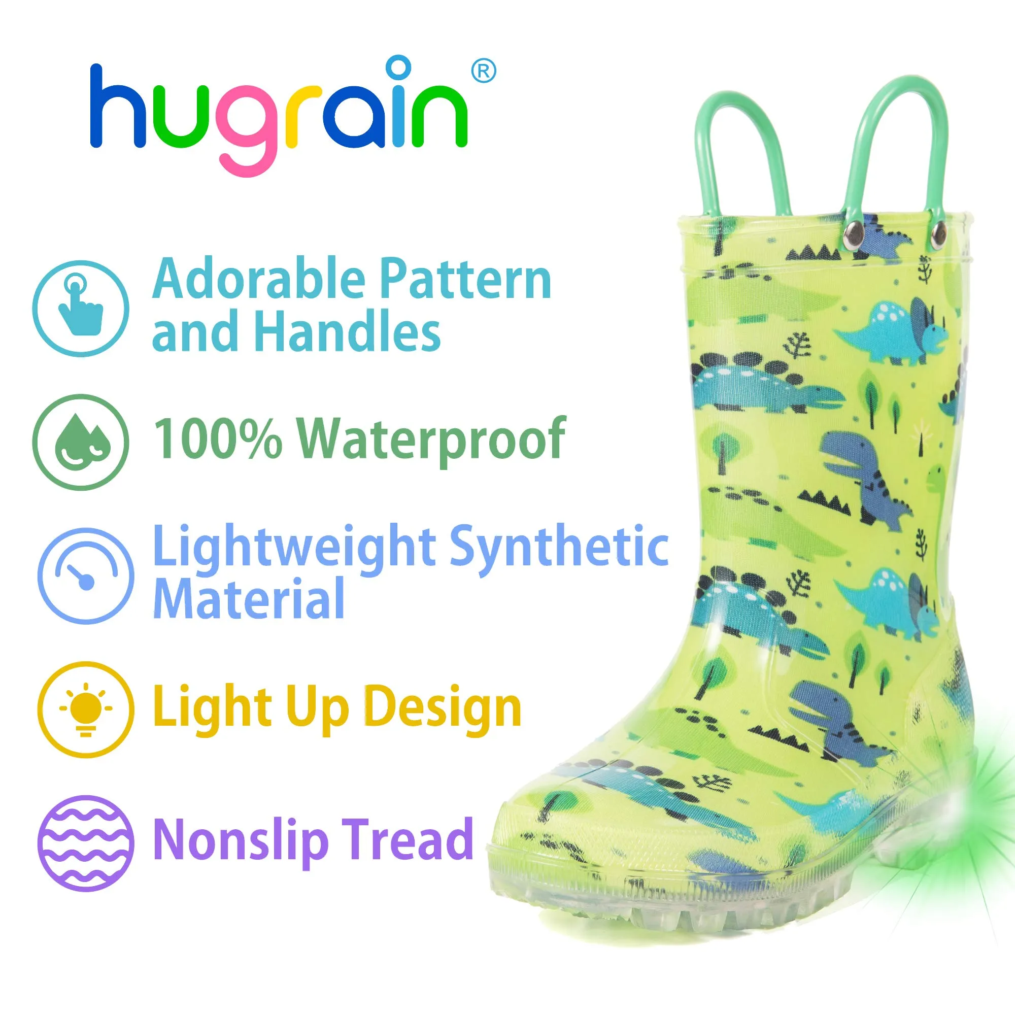HugRain kids Boys Rain Boots Toddler Light Up Printed Waterproof Shoes Lightweight Adorable Cute Green Dinosaur Rubber with Easy-On Handles and Insole (Size 13,Green)