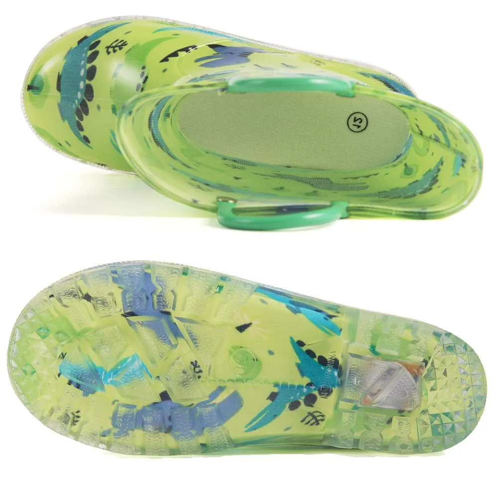 HugRain kids Boys Rain Boots Toddler Light Up Printed Waterproof Shoes Lightweight Adorable Cute Green Dinosaur Rubber with Easy-On Handles and Insole (Size 13,Green)