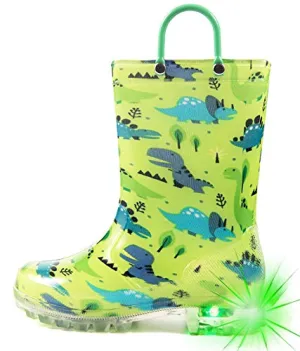 HugRain kids Boys Rain Boots Toddler Light Up Printed Waterproof Shoes Lightweight Adorable Cute Green Dinosaur Rubber with Easy-On Handles and Insole (Size 13,Green)
