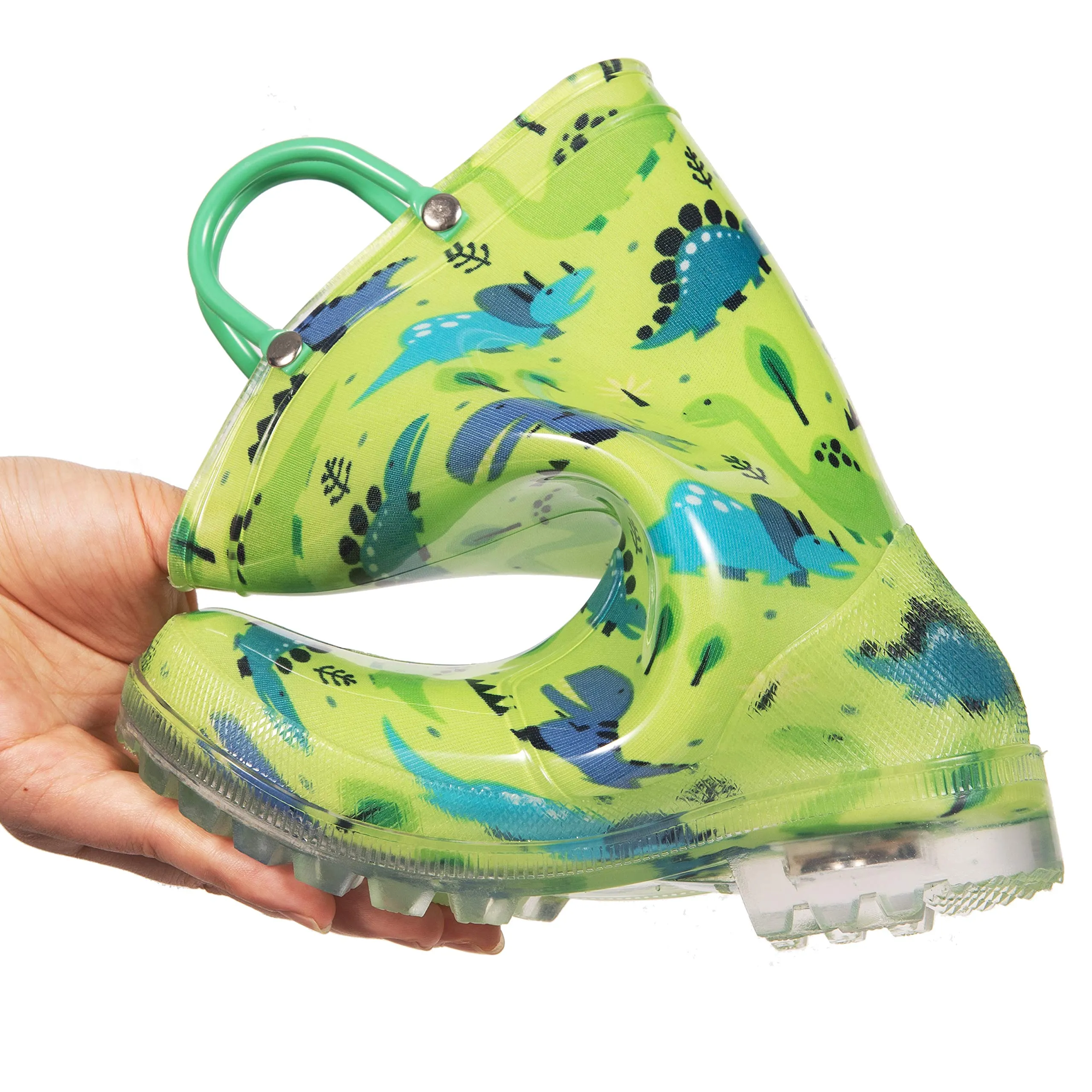 HugRain kids Boys Rain Boots Toddler Light Up Printed Waterproof Shoes Lightweight Adorable Cute Green Dinosaur Rubber with Easy-On Handles and Insole (Size 13,Green)