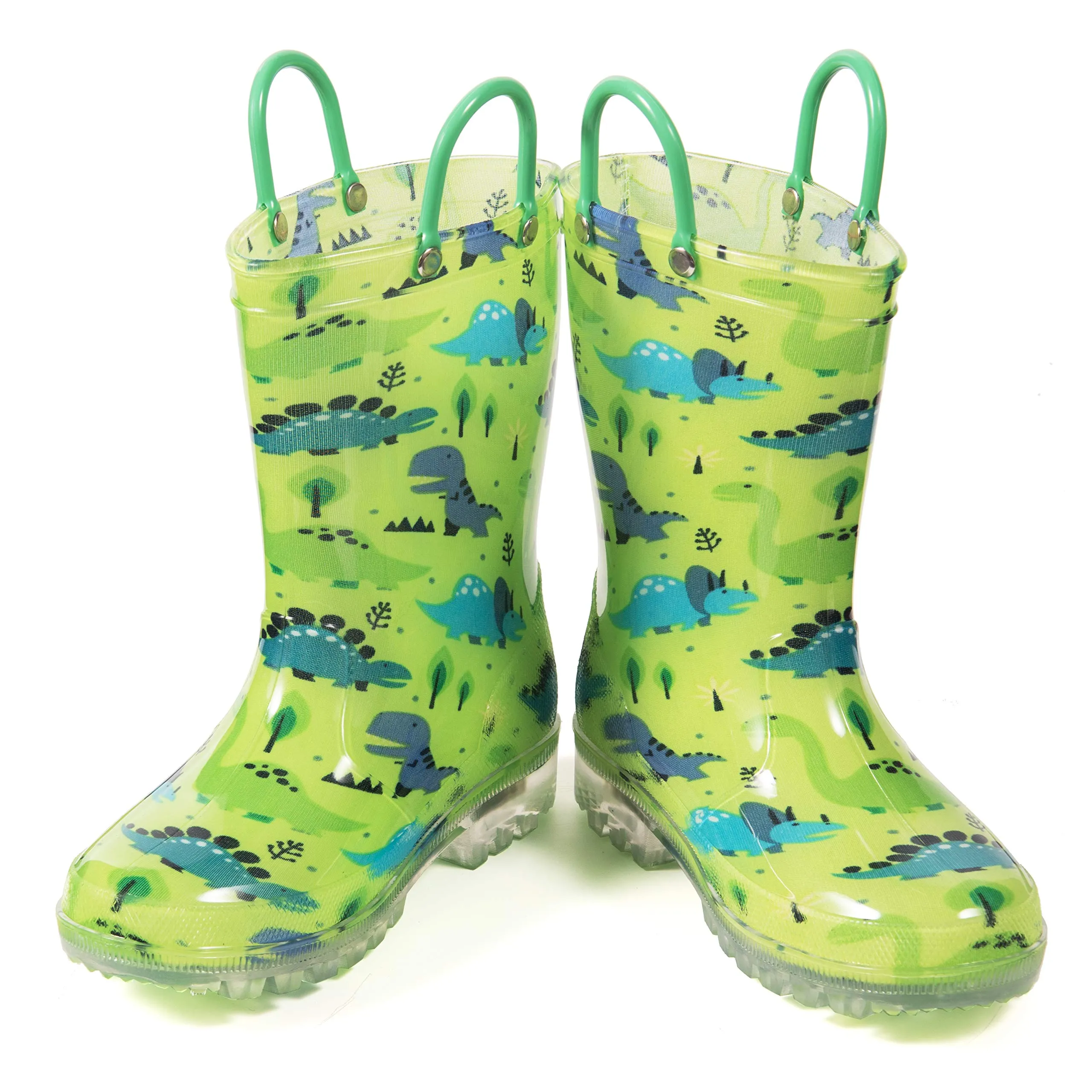 HugRain kids Boys Rain Boots Toddler Light Up Printed Waterproof Shoes Lightweight Adorable Cute Green Dinosaur Rubber with Easy-On Handles and Insole (Size 13,Green)