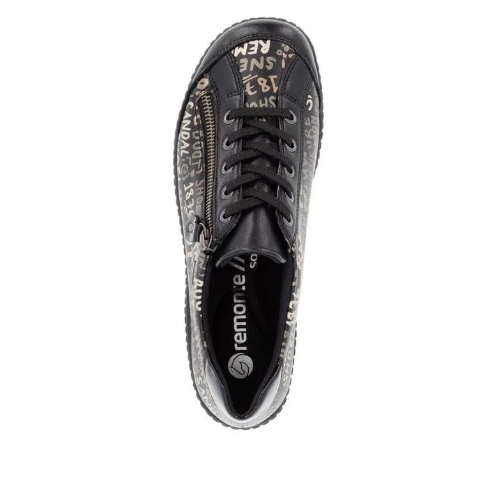 Remonte Women's Lace & Zip Sneakers- Black Writing