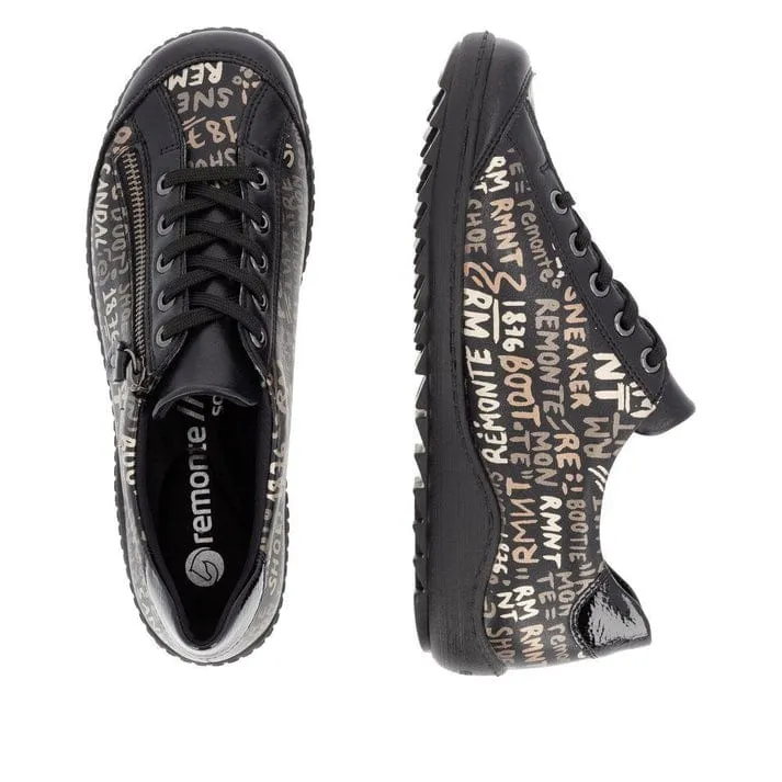 Remonte Women's Lace & Zip Sneakers- Black Writing