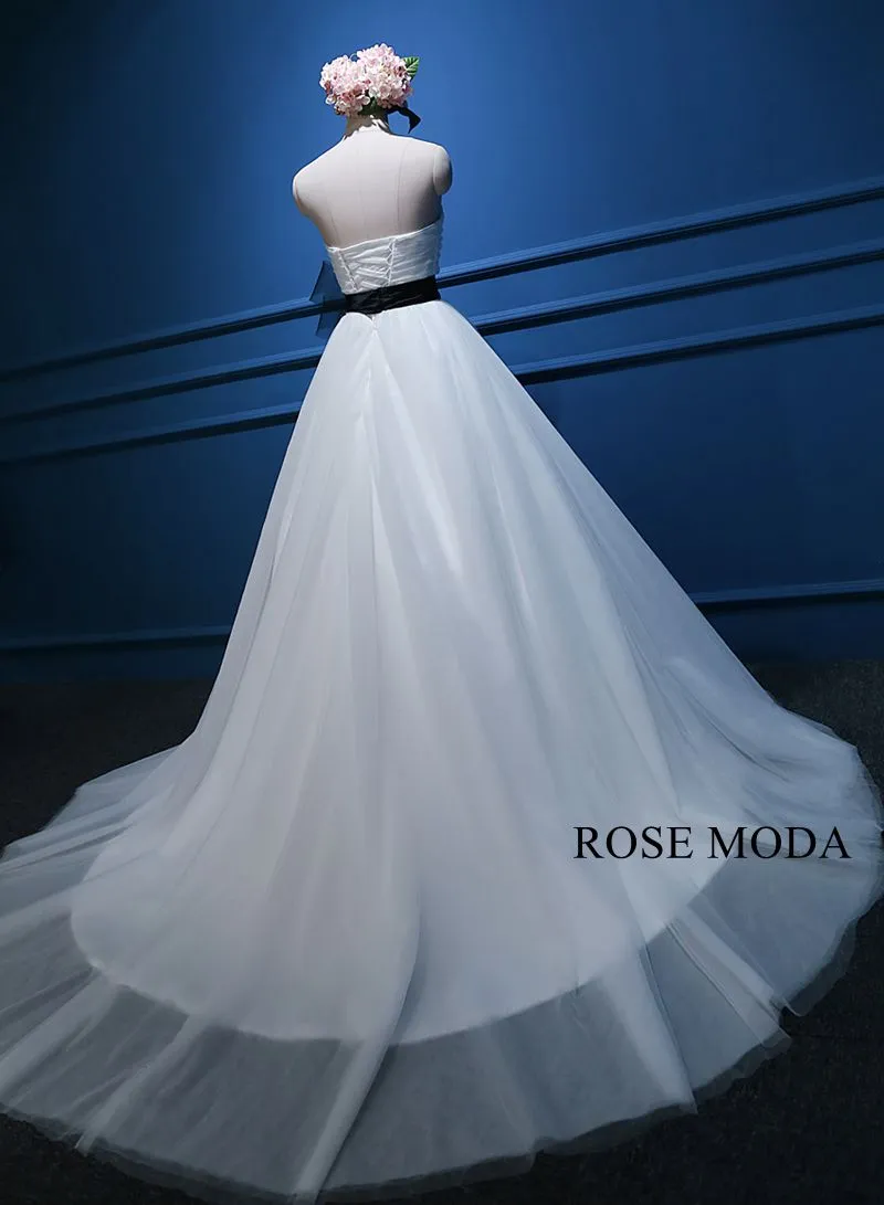 Rosemoda Sweetheart Cascaded Skirt Ball Gown Wedding Dress With Removable Black Belt