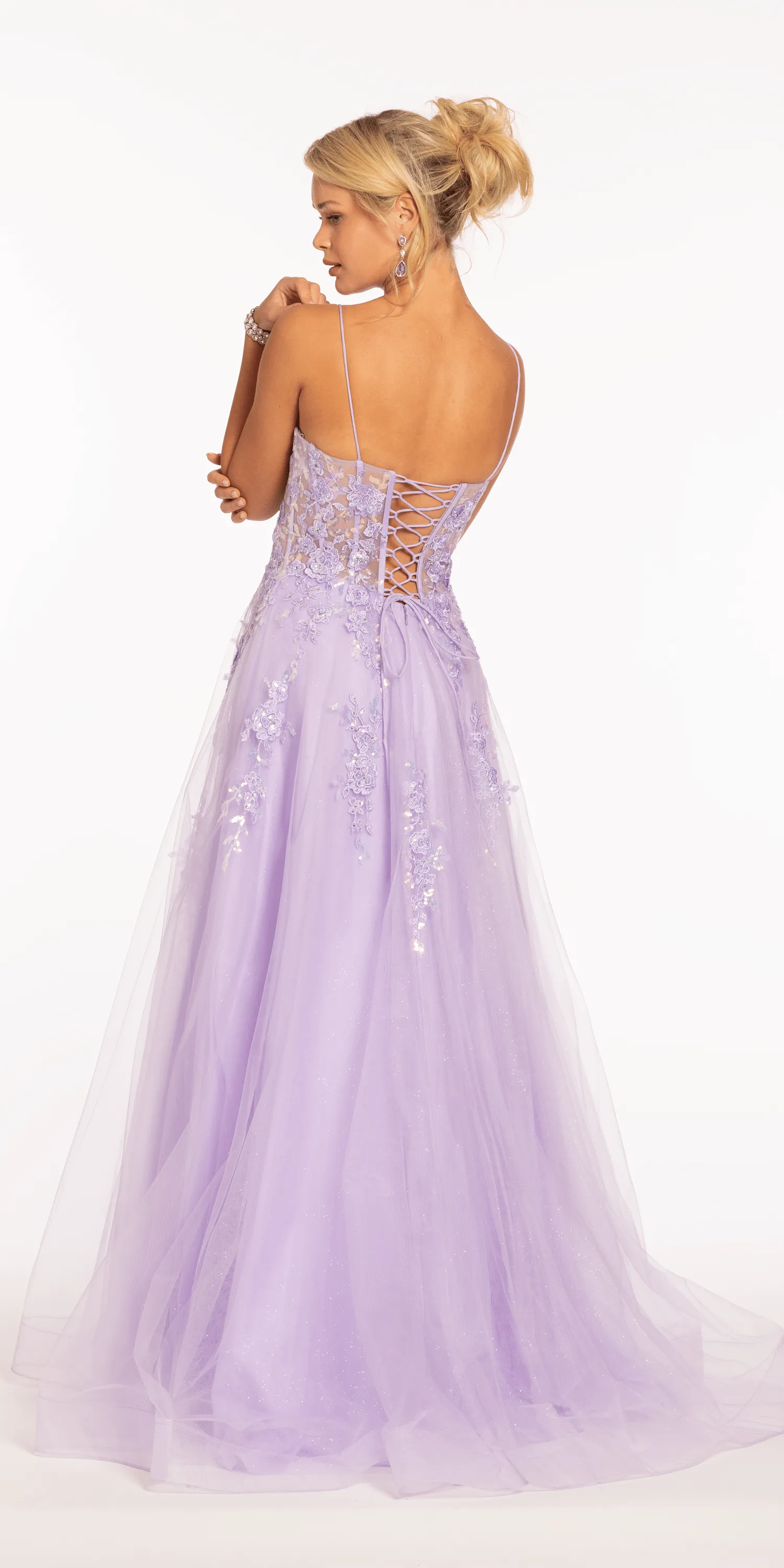 Sweetheart Plunging Mesh Corset Ballgown with Embellished Appliques