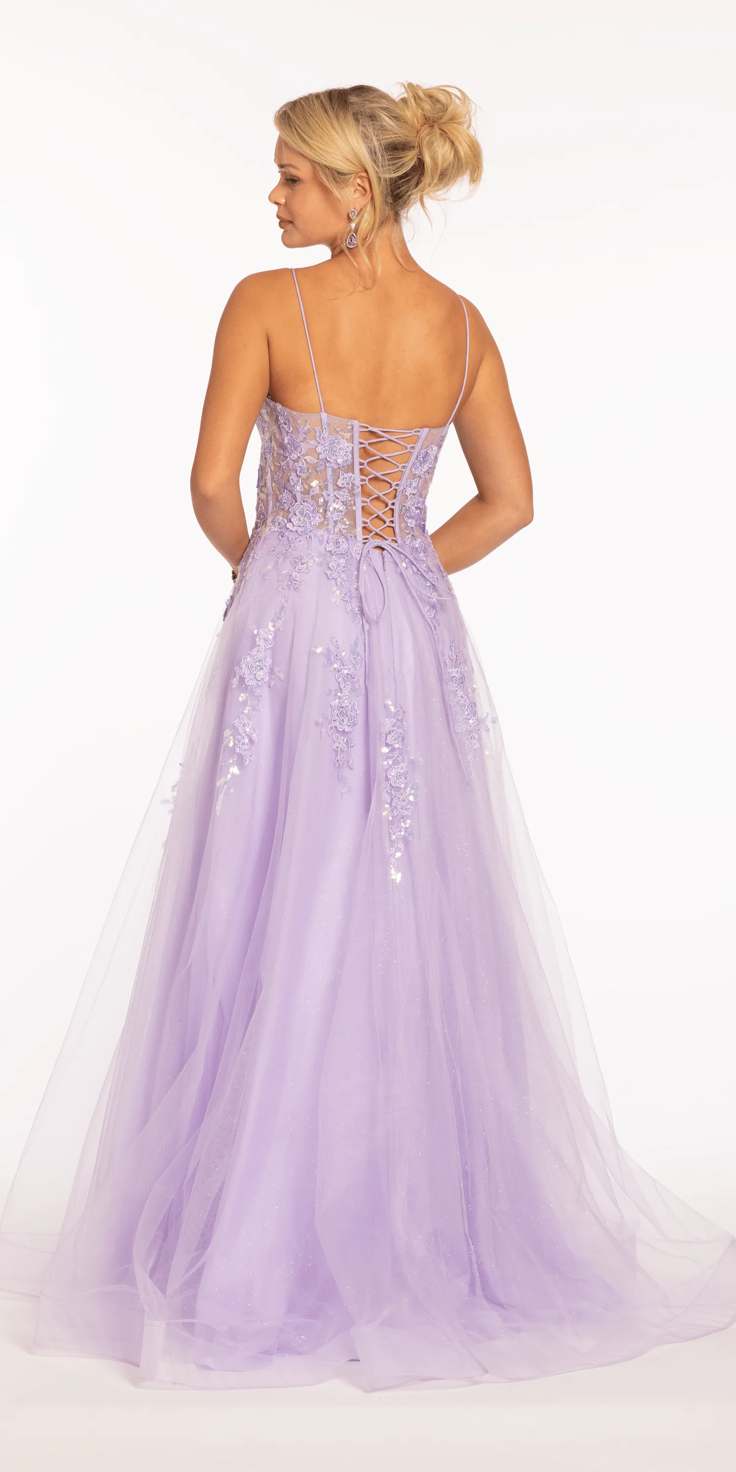Sweetheart Plunging Mesh Corset Ballgown with Embellished Appliques