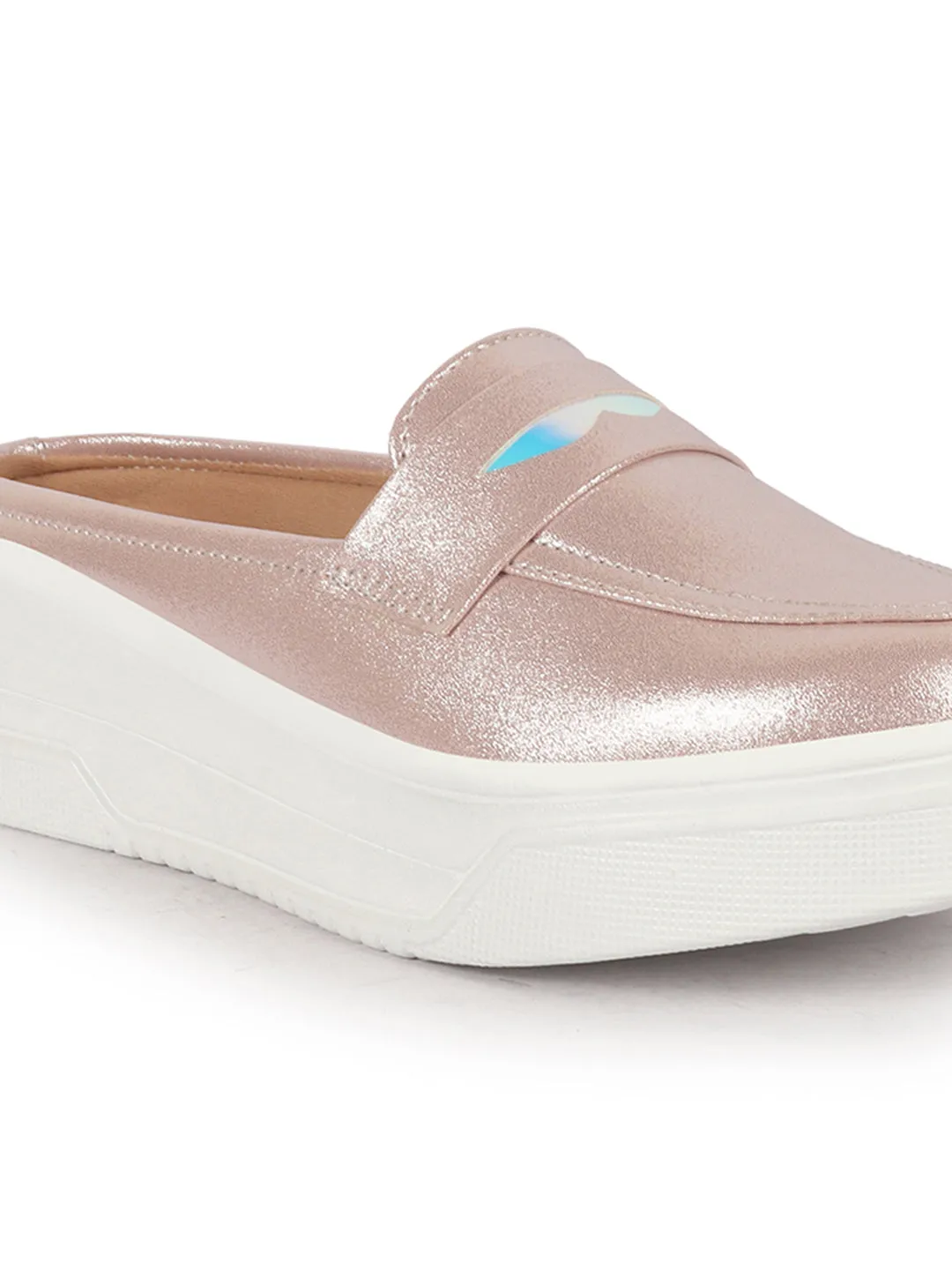 Women Pink Classic Comfort Height Enhancer Shiny Glitter Back Open Slip On Mule Shoes|Casual Slip On Walking Shoe
